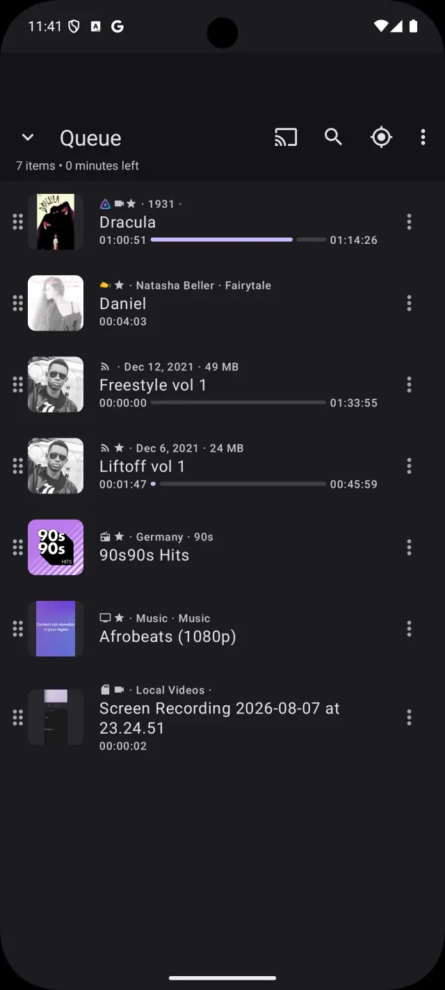 A queue of seven items mixing a podcast episode, album tracks, a radio station, a video and a local recording.