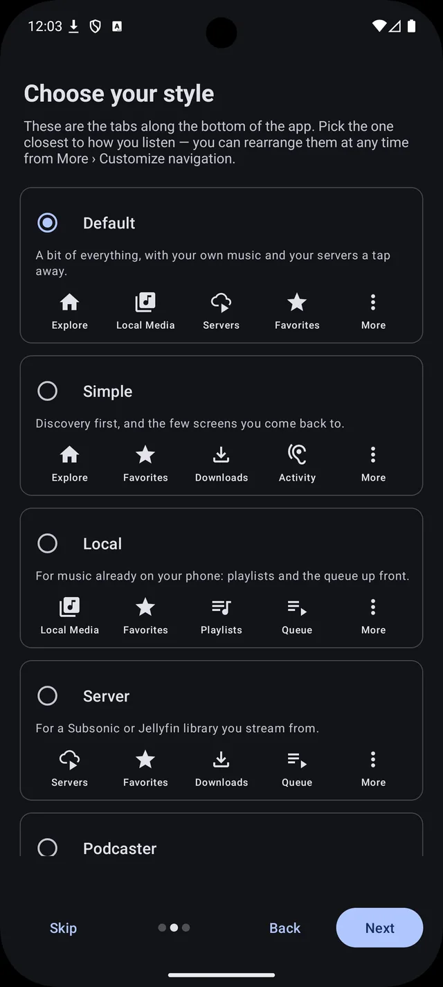 Mbogi Music setup screen titled Choose your style, offering Default, Simple, Local, Server and Podcaster layouts for the tabs along the bottom of the app.